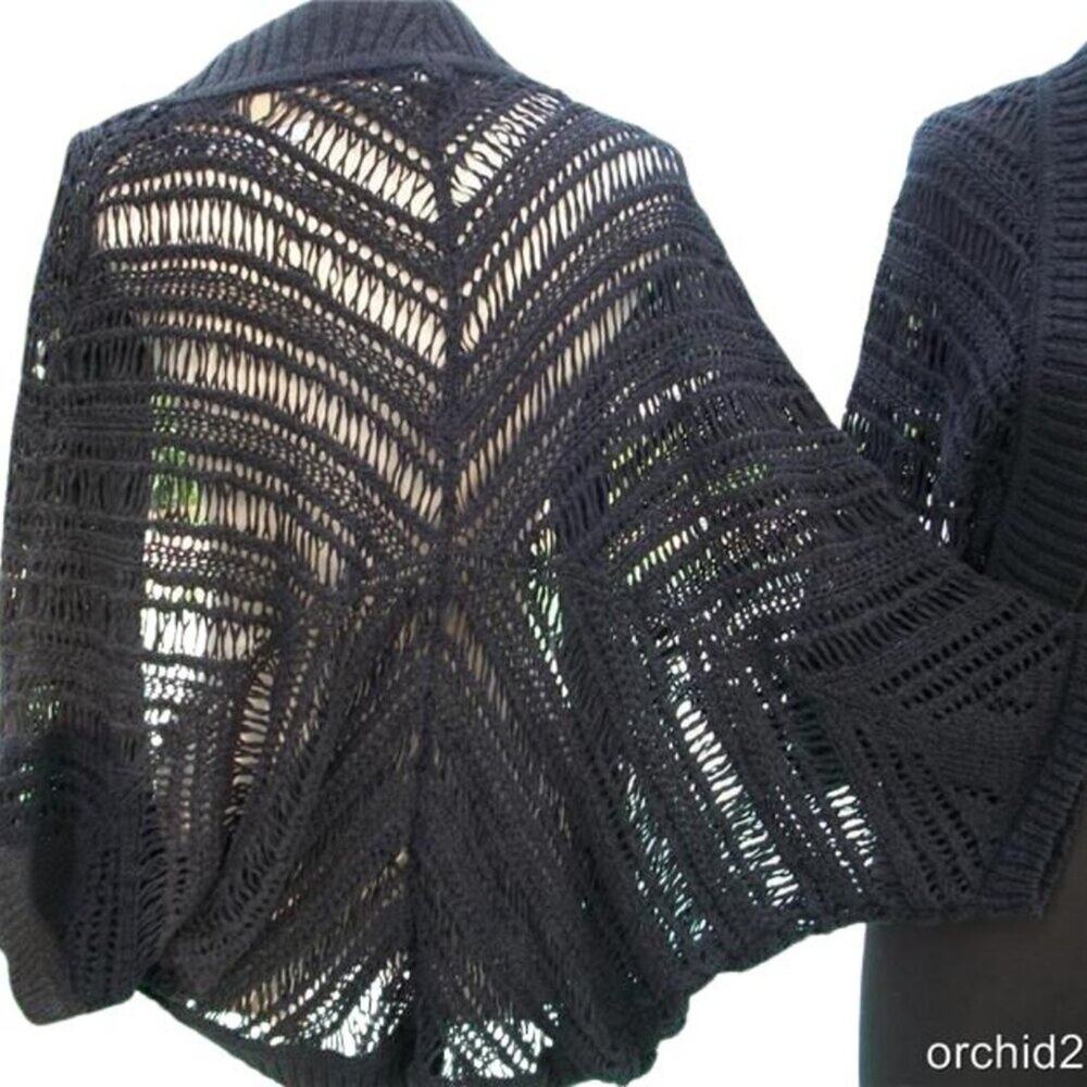 Cache Black Open Knit Jacket Top Shrug Banded Bottom Trim New Stretch $108 NWT M
